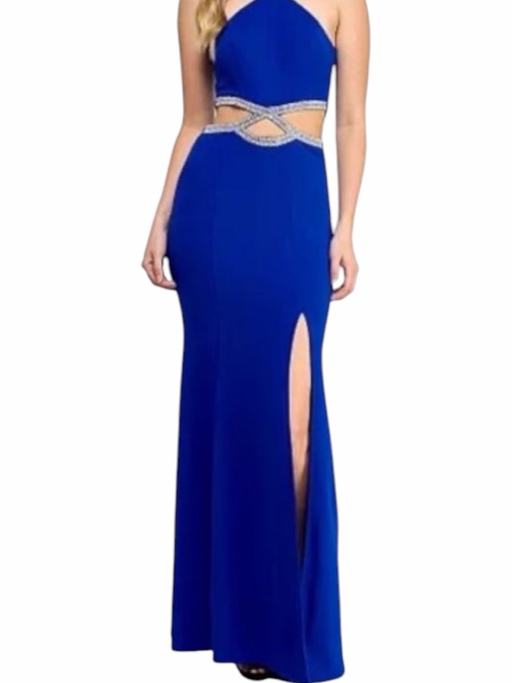 Speechless Royal Blue Cutout Evening Gown with Crystal Waist